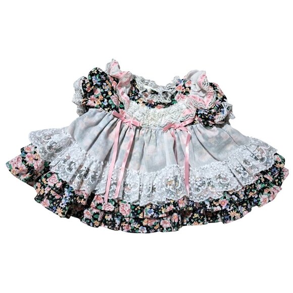 Jo Lene Dress Baby Girl 0-6 Months Floral Lace Ruffle Pink Bows USA Made Vintage - Picture 1 of 8